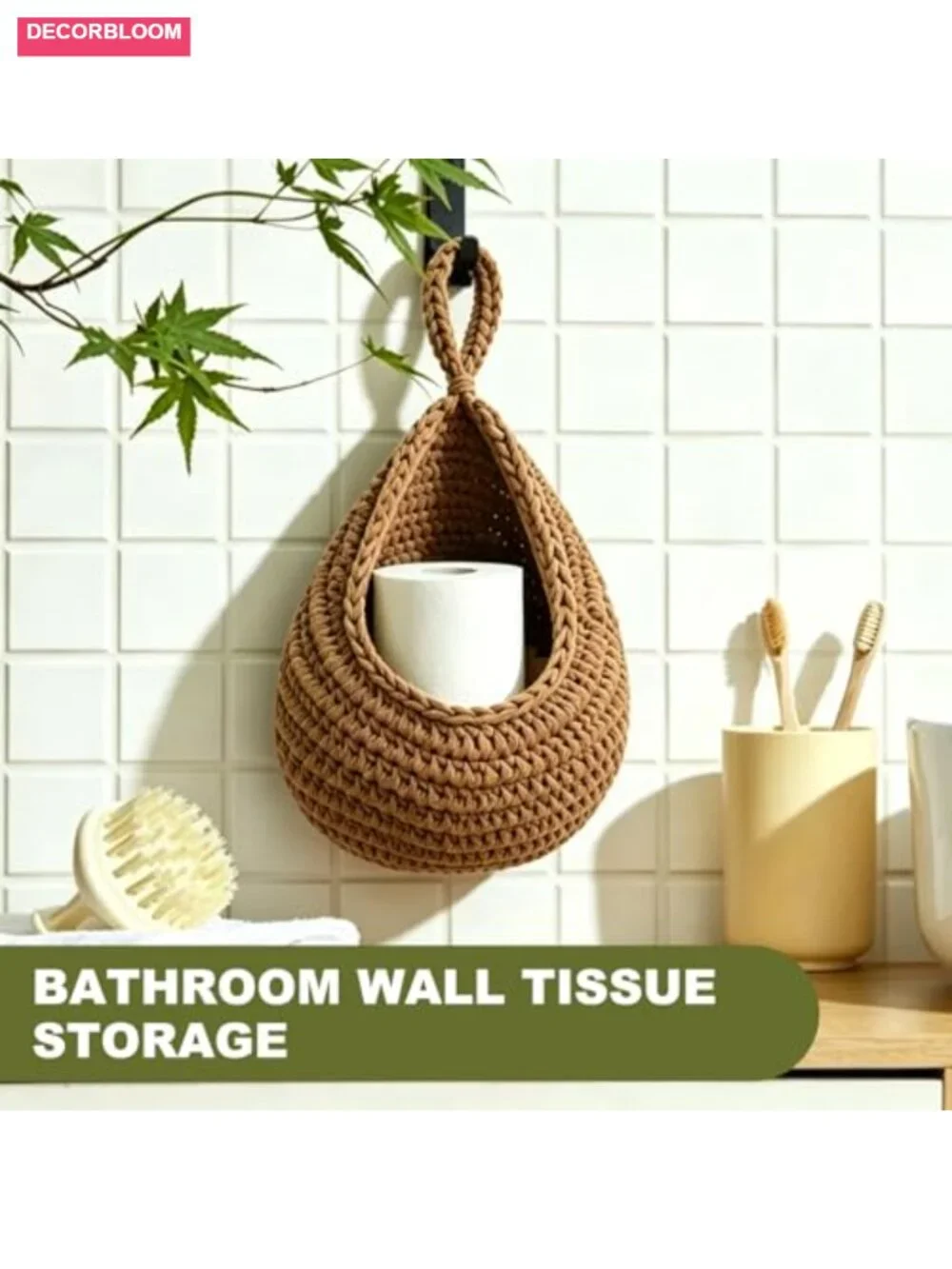 Hand-Woven Cotton Rope Hanging Fruit Basket Set with Adhesive Hooks